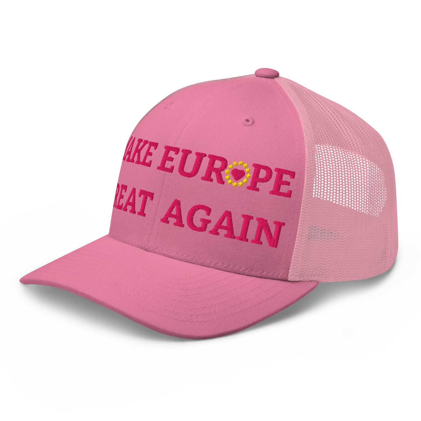Monochrome Pink "Make Europe Great Again" / MEGA Trucker Cap with "Show the Love for Europe" emblem in full color Left Front View