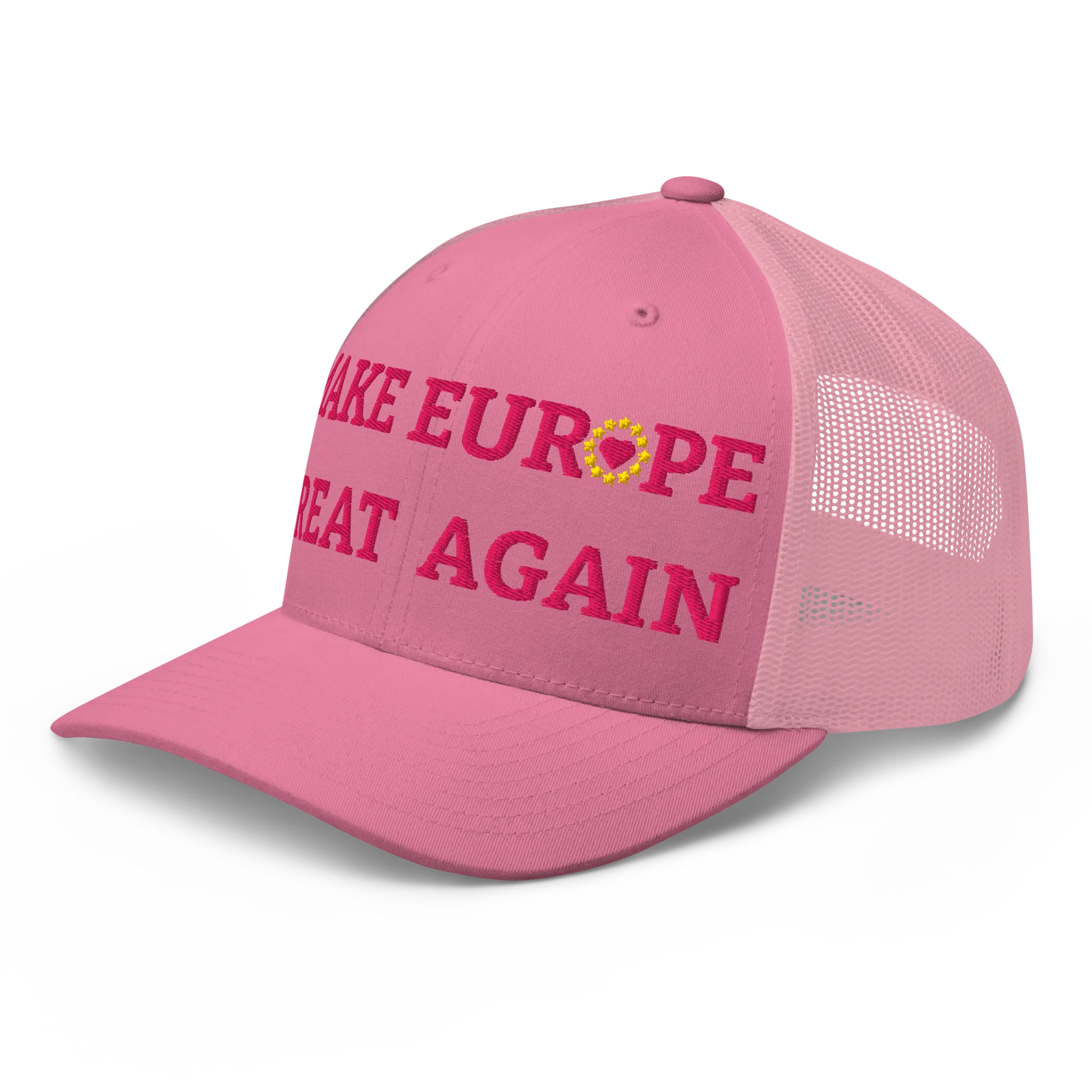 Monochrome Pink "Make Europe Great Again" / MEGA Trucker Cap with "Show the Love for Europe" emblem in full color Left Front View