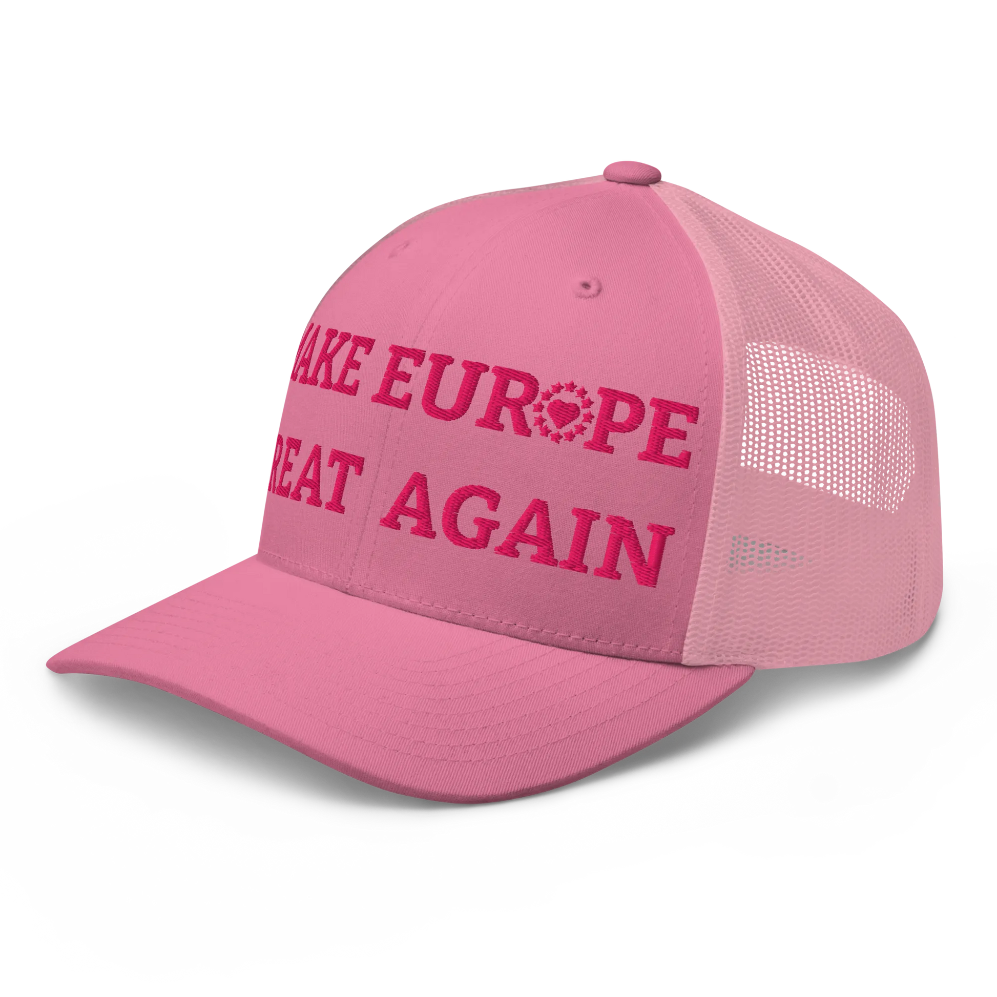 Monochrome Pink "Make Europe Great Again" / MEGA Trucker Cap with "Show the Love for Europe" emblem Left Front View