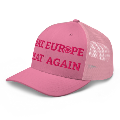Monochrome Pink "Make Europe Great Again" / MEGA Trucker Cap with "Show the Love for Europe" emblem Left Front View