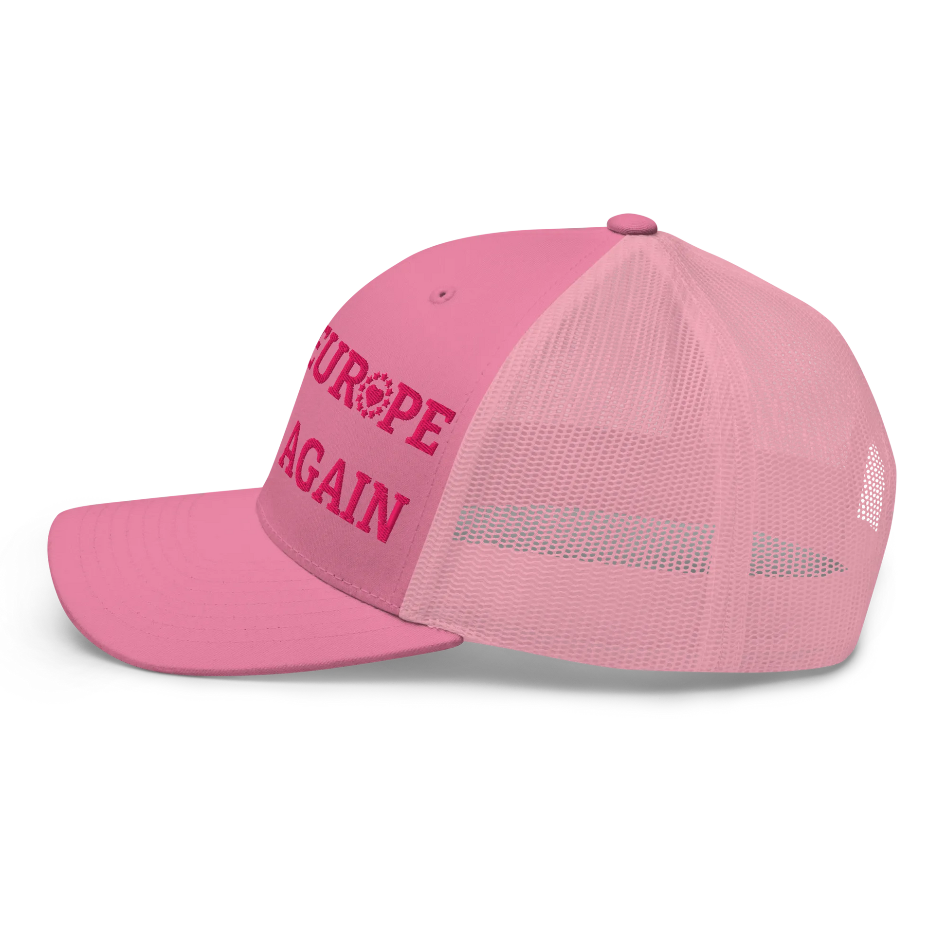 Monochrome Pink "Make Europe Great Again" / MEGA Trucker Cap with "Show the Love for Europe" emblem Left View