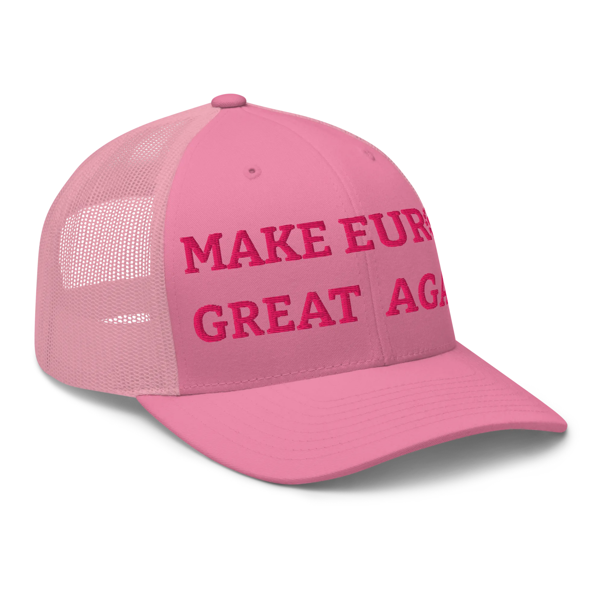 Monochrome Pink "Make Europe Great Again" / MEGA Trucker Cap with "Show the Love for Europe" emblem Right Front View