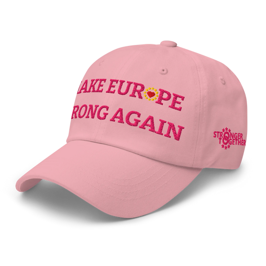 Monochrome Pink "Make Europe Strong Again" / MESA Cap with "Show the Love for Europe" emblem in full color Left Front View