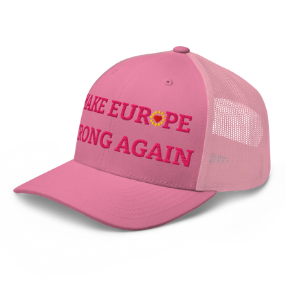 Monochrome Pink "Make Europe Strong Again" / MESA Trucker Cap with "Show the Love for Europe" emblem in full color Left Front View