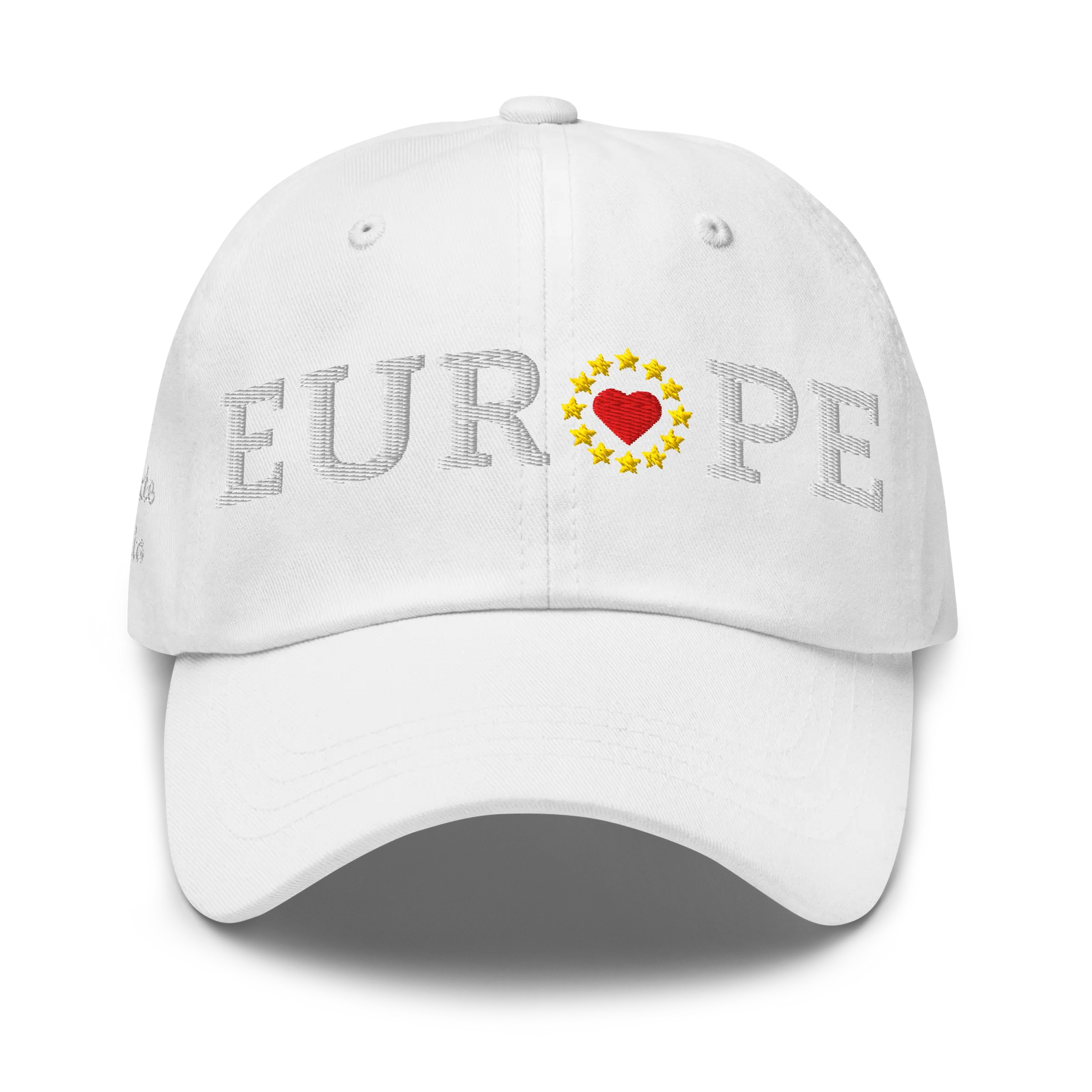 Monochrome White "EUROPE" Cap with "Show the Love for EU" emblem in full color Front View