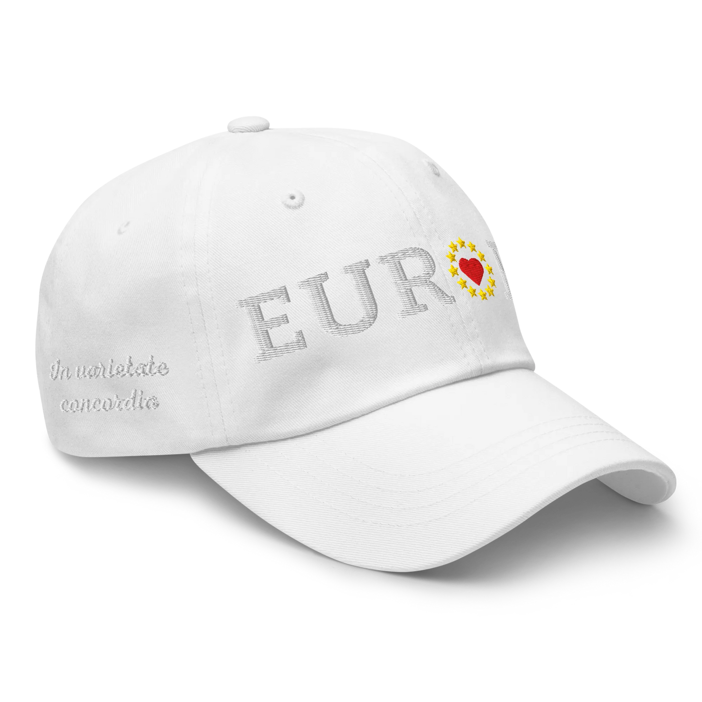 Monochrome White "EUROPE" Cap with "Show the Love for EU" emblem in full color Right Front View