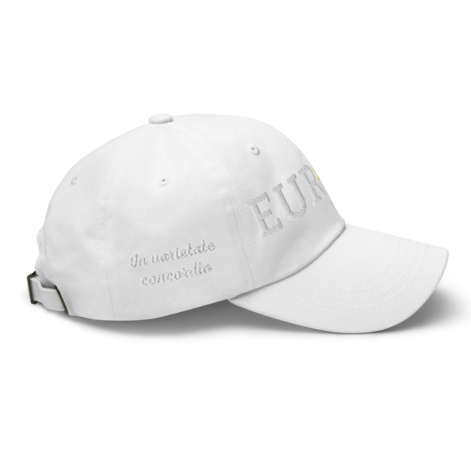 Monochrome White "EUROPE" Cap with "Show the Love for EU" emblem in full color Right View
