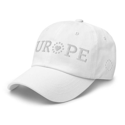 Monochrome White "EUROPE" Cap with "Show the Love for EU" emblem Left Front View