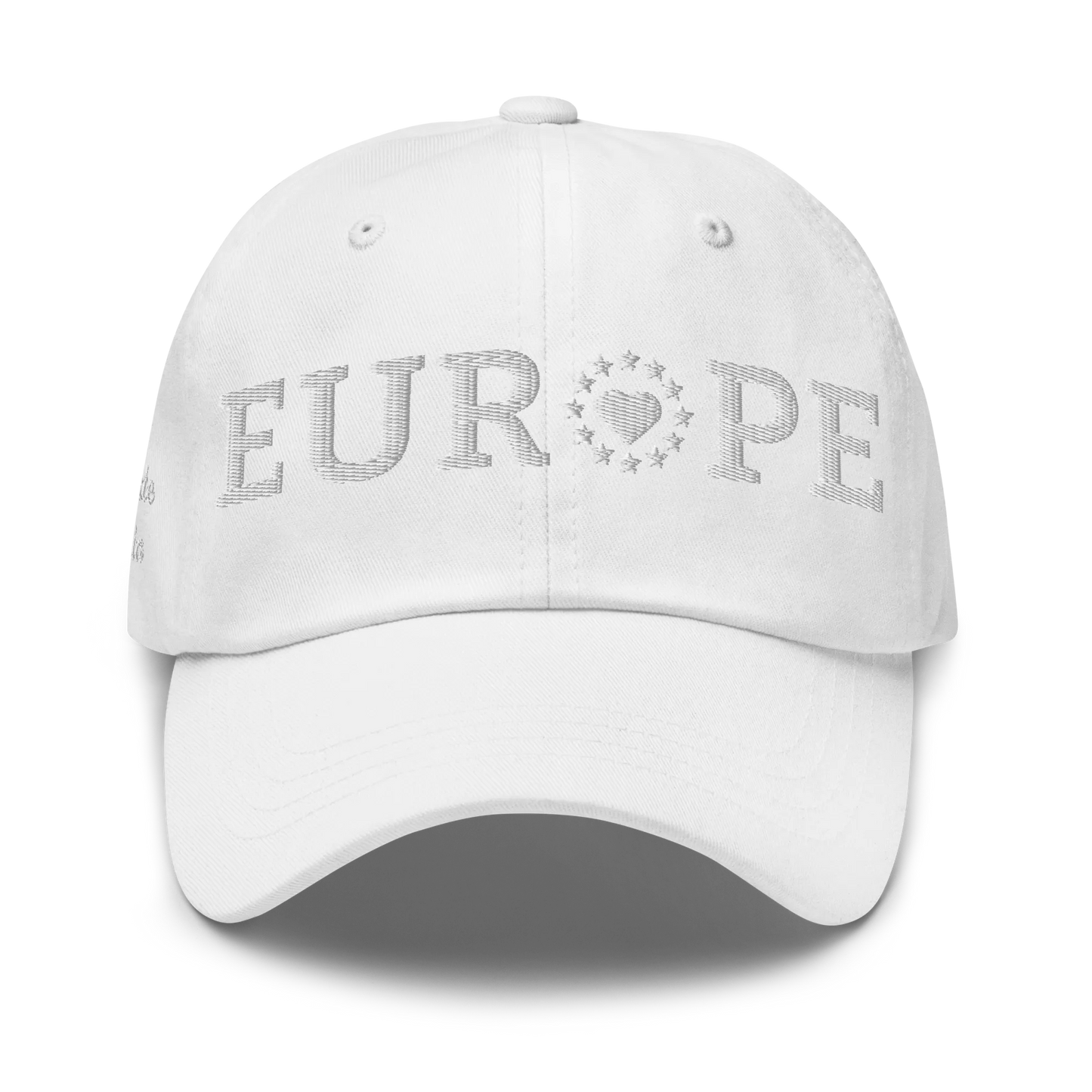 Monochrome White "EUROPE" Cap with "Show the Love for Europe" emblem Front View