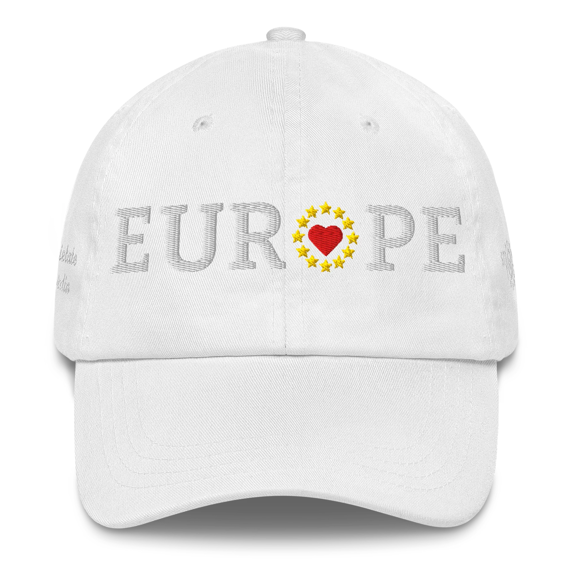 Monochrome White "EUROPE" Cap with "Show the Love for Europe" emblem in full color Front View