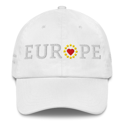 Monochrome White "EUROPE" Cap with "Show the Love for Europe" emblem in full color Front View
