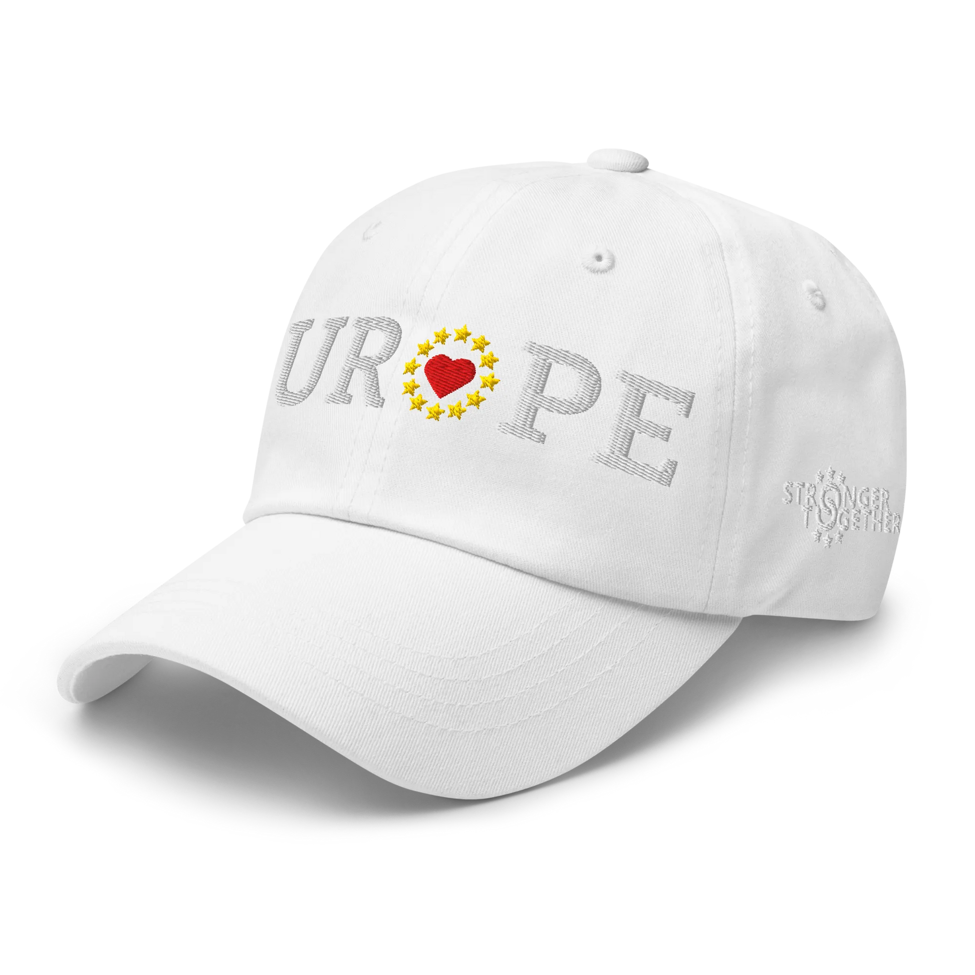 Monochrome White "EUROPE" Cap with "Show the Love for Europe" emblem in full color Left Front View