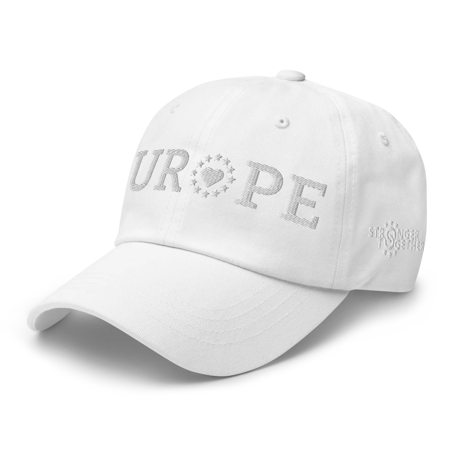 Monochrome White "EUROPE" Cap with "Show the Love for Europe" emblem Left Front View