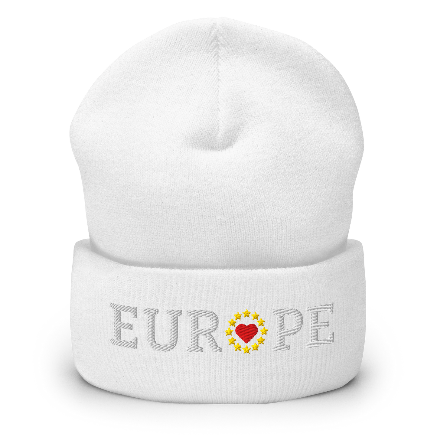 Monochrome White "EUROPE" Cuffed Beanie with "Show the Love for EU" emblem in full color Front View