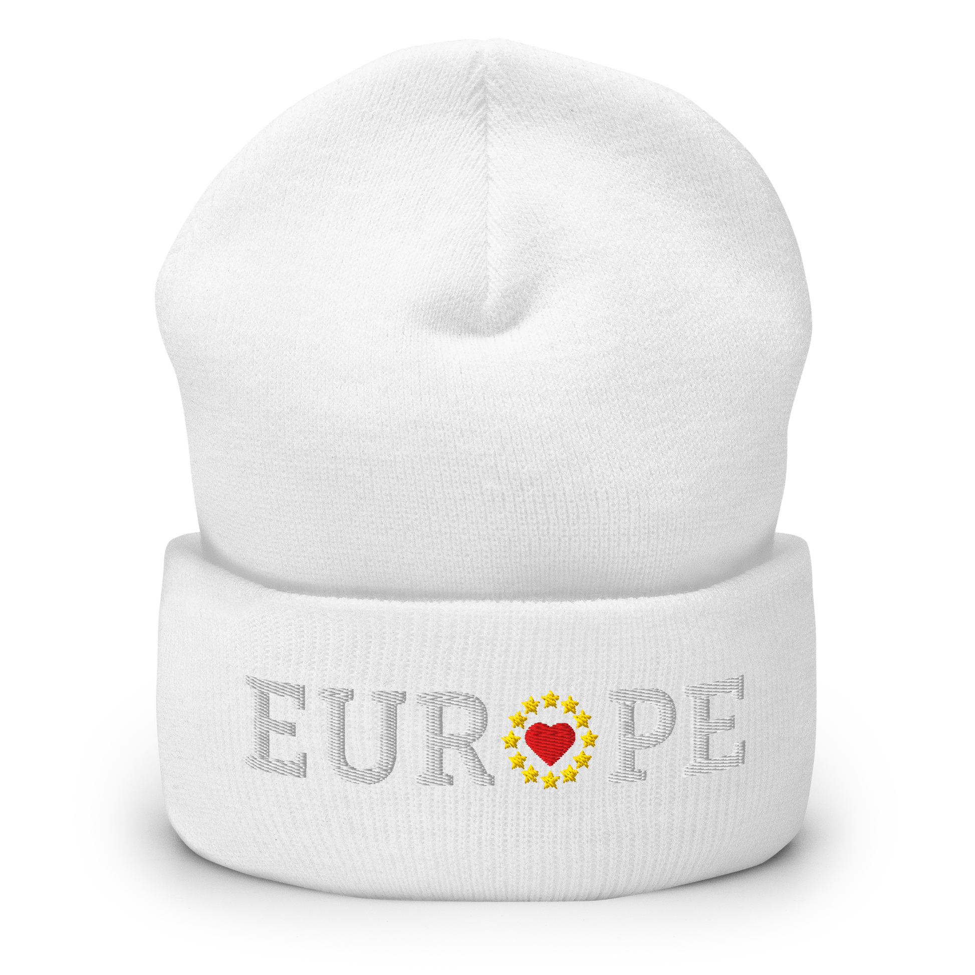 Monochrome White "EUROPE" Cuffed Beanie with "Show the Love for EU" emblem in full color Front View