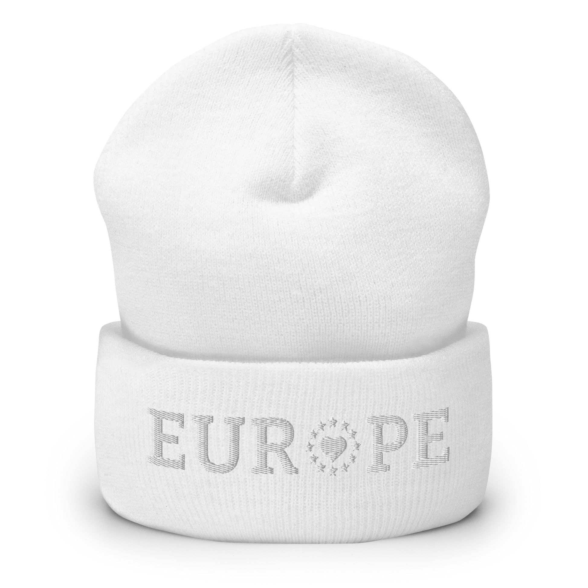 Monochrome White "EUROPE" Cuffed Beanie with "Show the Love for Europe" emblem Front View