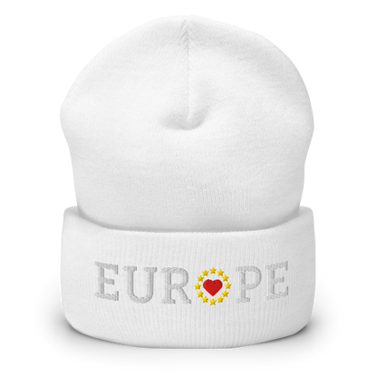 Monochrome White "EUROPE" Cuffed Beanie with "Show the Love for Europe" emblem in full color Front View