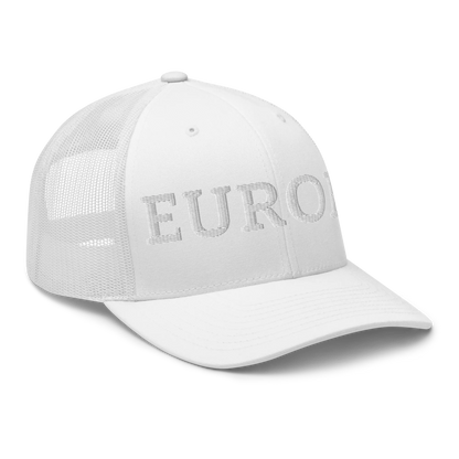 Monochrome White "EUROPE" Trucker Cap with Right Front View