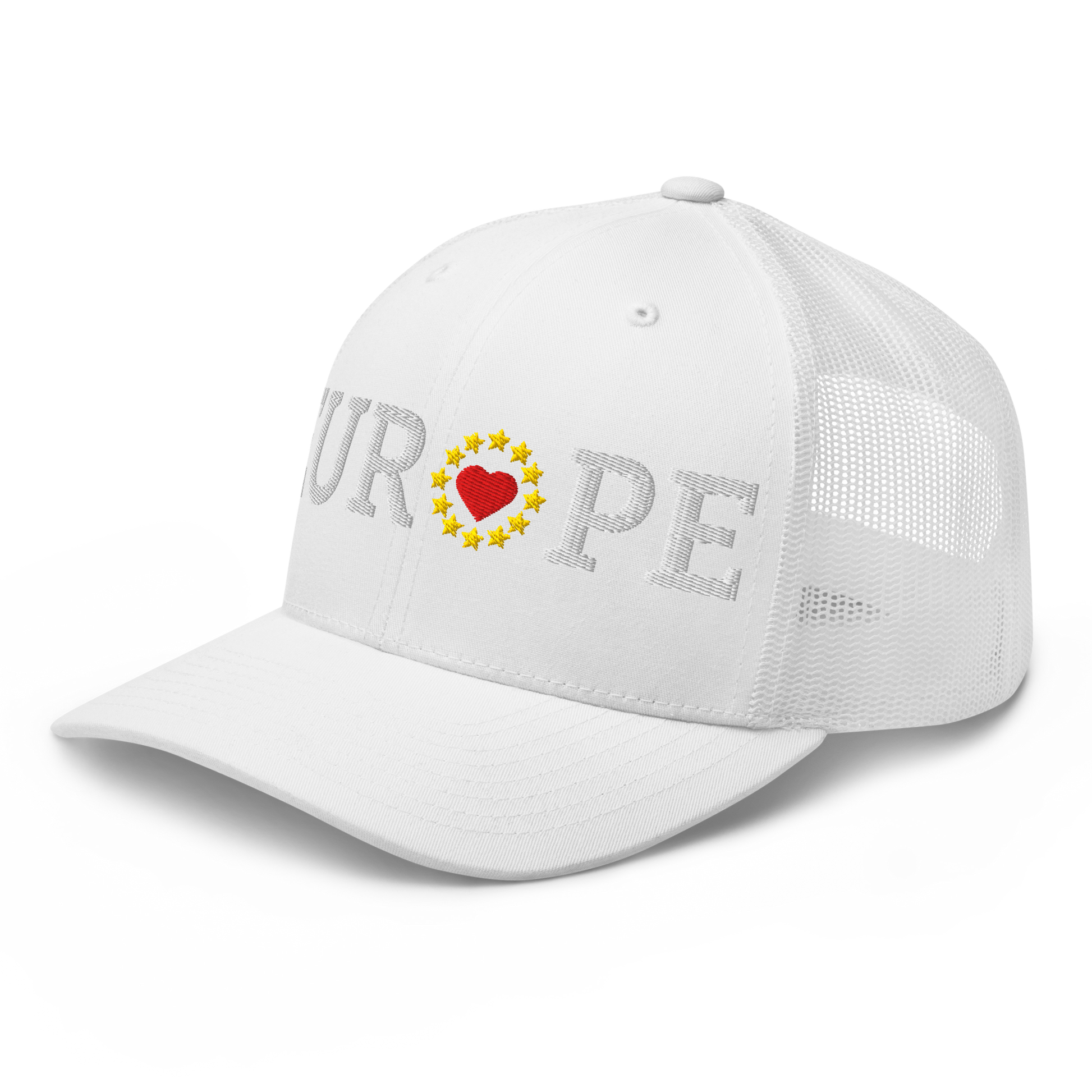 Monochrome White "EUROPE" Trucker Cap with "Show the Love for EU" emblem in full color Left Front View