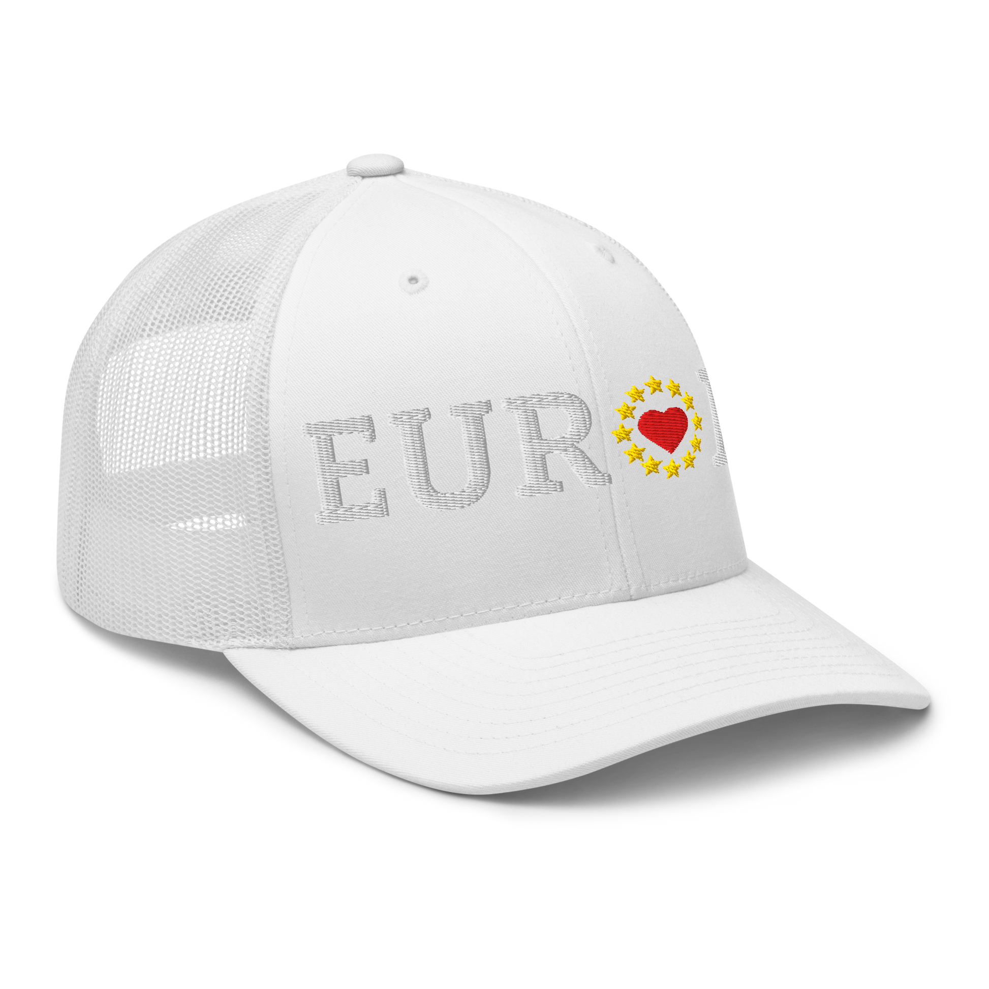 Monochrome White "EUROPE" Trucker Cap with "Show the Love for EU" emblem in full color Right Front View