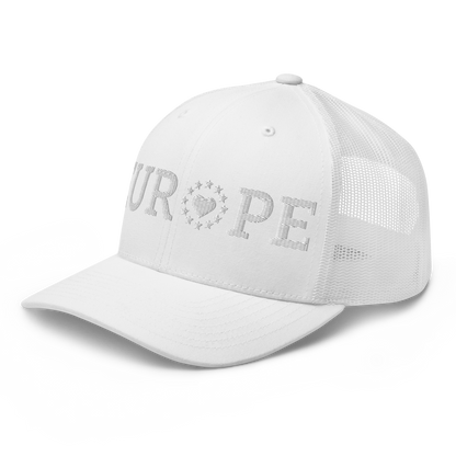 Monochrome White "EUROPE" Trucker Cap with "Show the Love for EU" emblem Left Front View