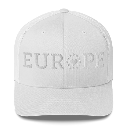 Monochrome White "EUROPE" Trucker Cap with "Show the Love for Europe" emblem Front View
