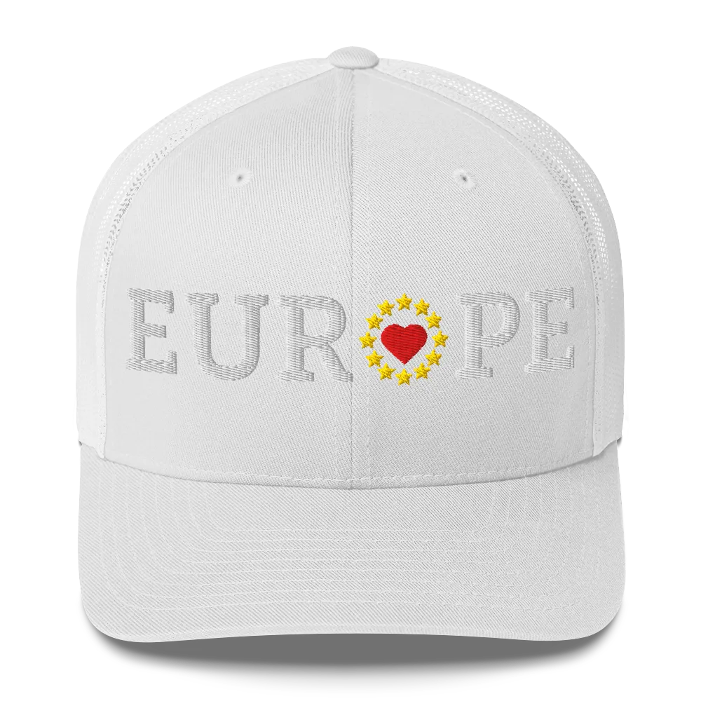 Monochrome White "EUROPE" Trucker Cap with "Show the Love for Europe" emblem in full color Front View