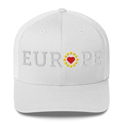 Monochrome White "EUROPE" Trucker Cap with "Show the Love for Europe" emblem in full color Front View