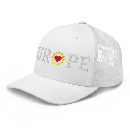 Monochrome White "EUROPE" Trucker Cap with "Show the Love for Europe" emblem in full color Left Front View