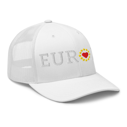 Monochrome White "EUROPE" Trucker Cap with "Show the Love for Europe" emblem in full color Right Front View