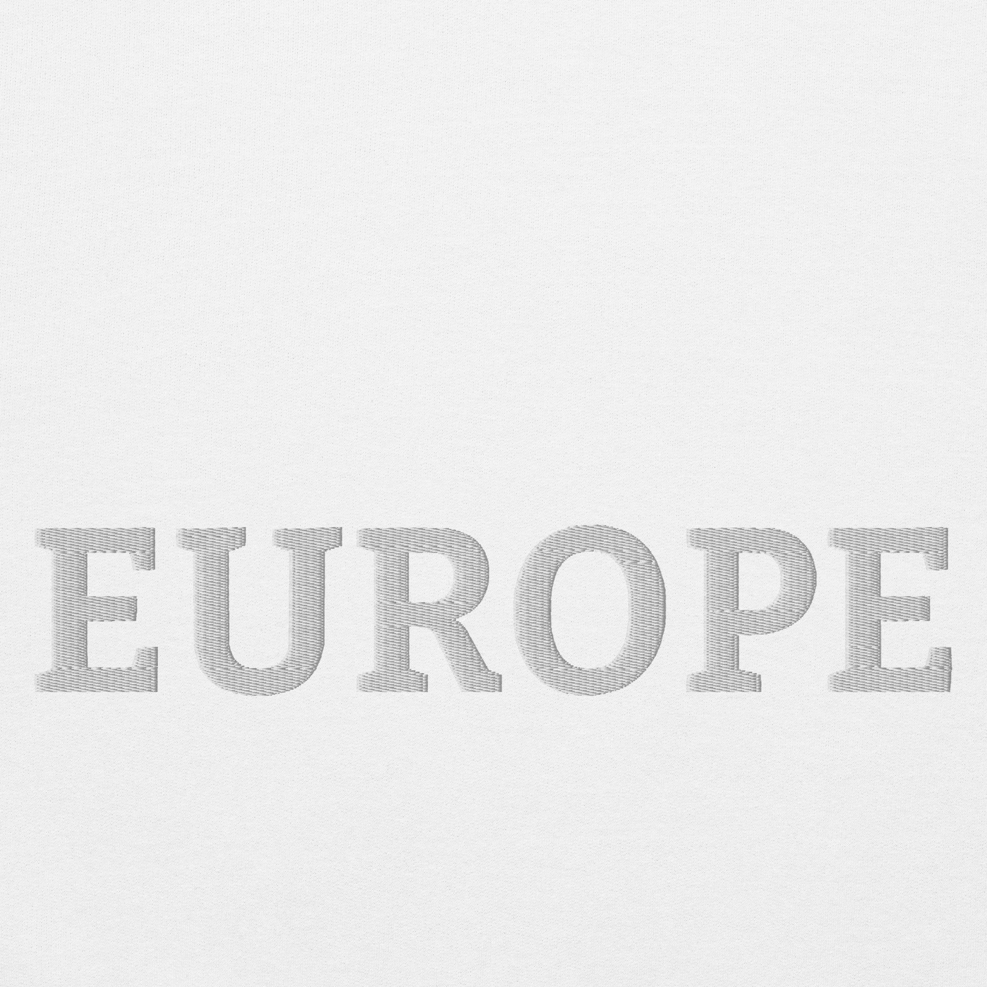 Monochrome White "EUROPE" Unisex Sweatshirt Design Close-Up View