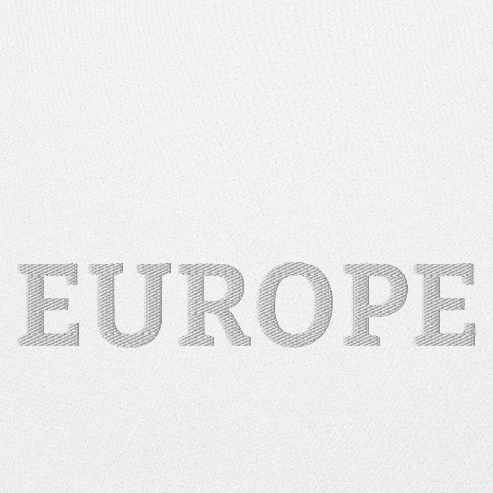 Monochrome White "EUROPE" Unisex Sweatshirt Design Close-Up View