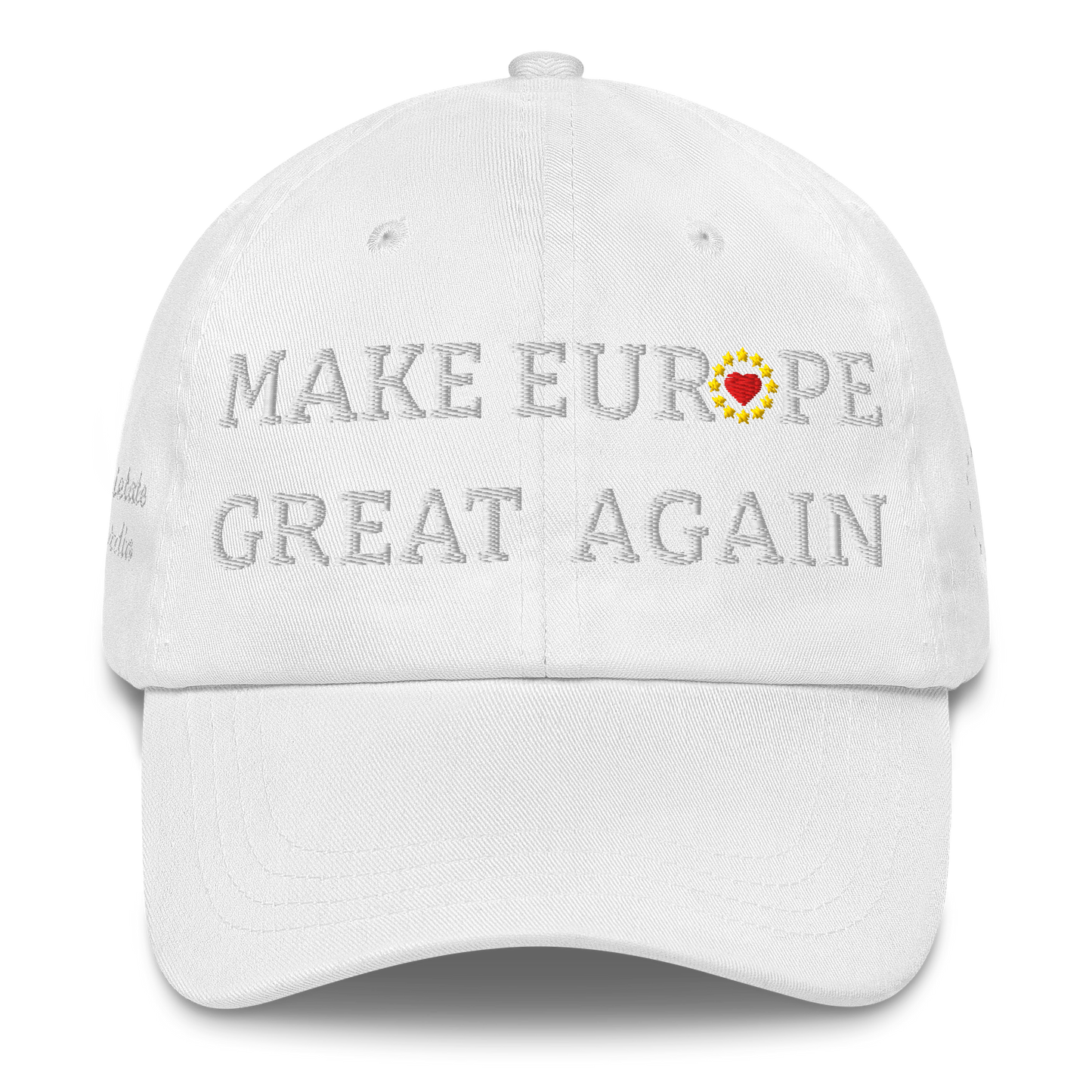 Monochrome White "Make Europe Great Again" / MEGA Cap with "Show the Love for EU" emblem in full color Front View