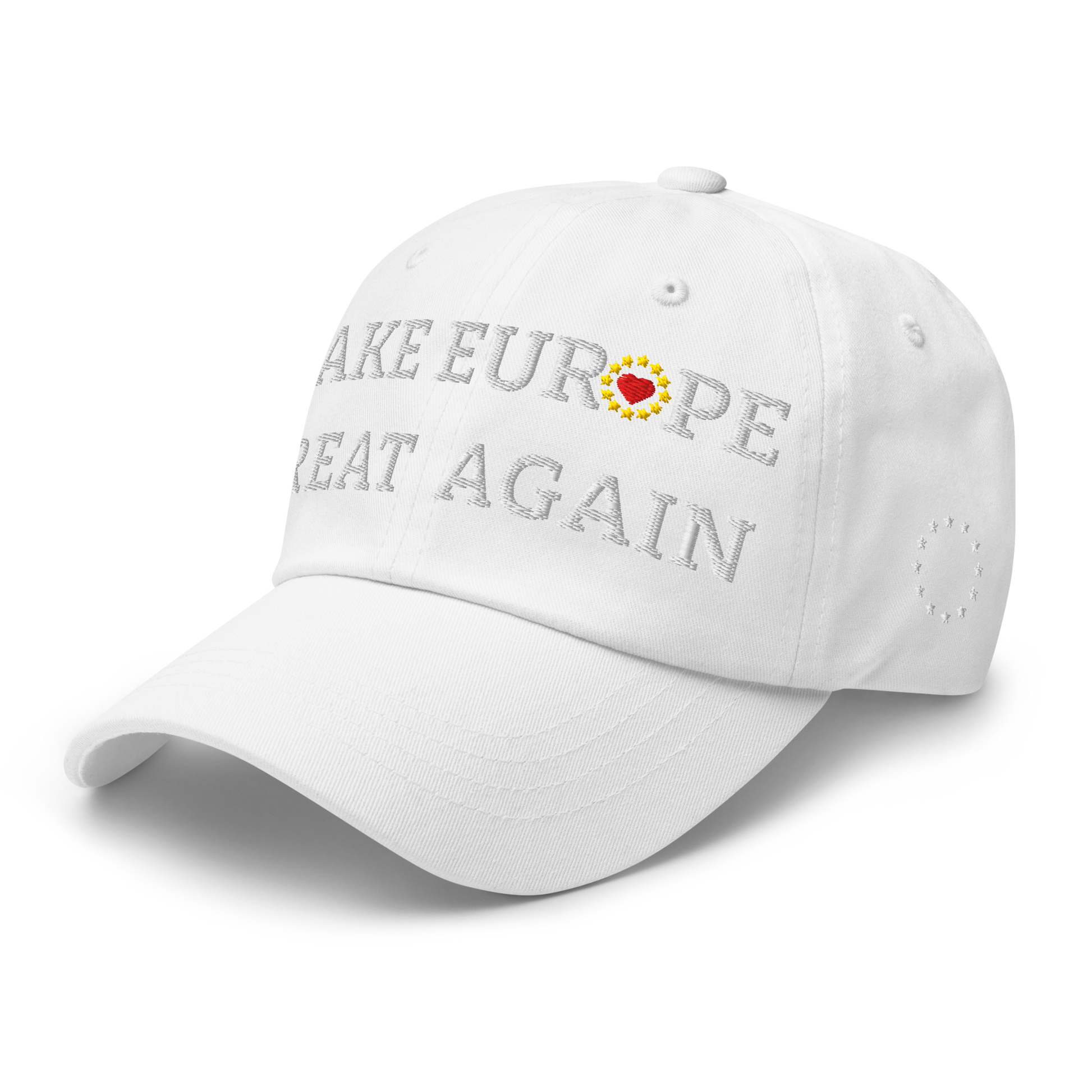Monochrome White "Make Europe Great Again" / MEGA Cap with "Show the Love for EU" emblem in full color Left Front View