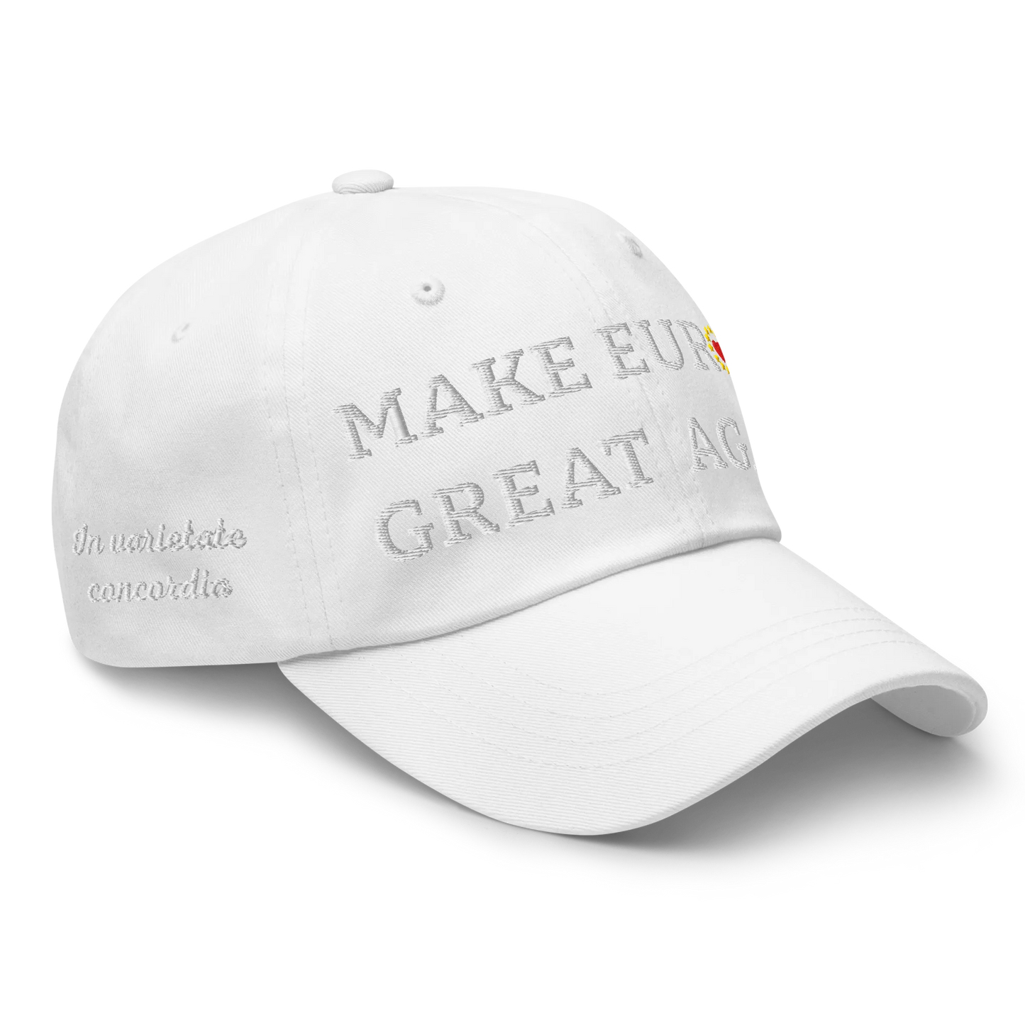 Monochrome White "Make Europe Great Again" / MEGA Cap with "Show the Love for Europe" emblem in full color Right Front View
