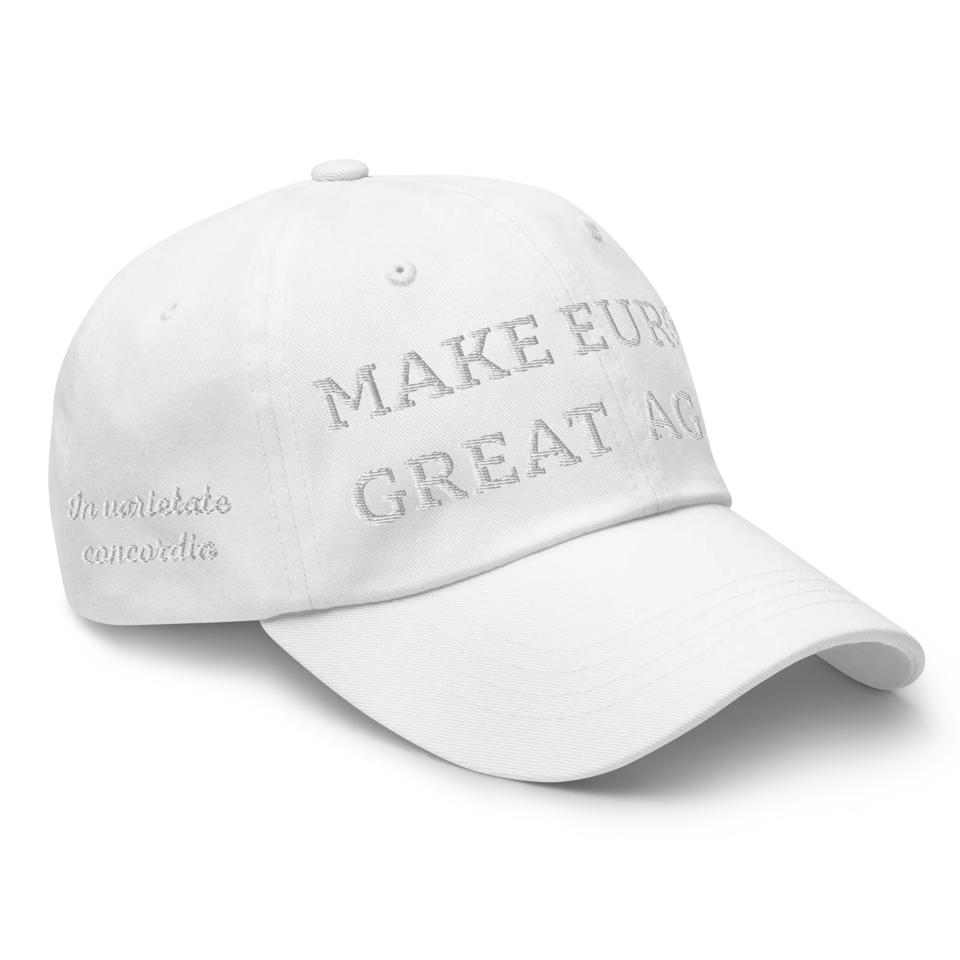 Monochrome White "Make Europe Great Again" / MEGA Cap with "Show the Love for Europe" emblem Right Front View