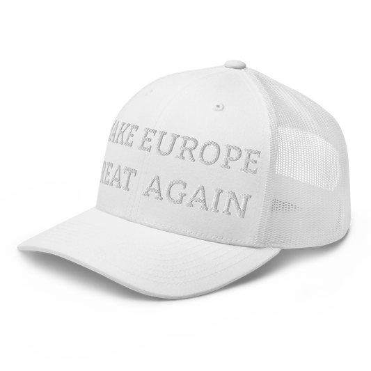 Monochrome White "Make Europe Great Again" / MEGA Trucker Cap Left Front View