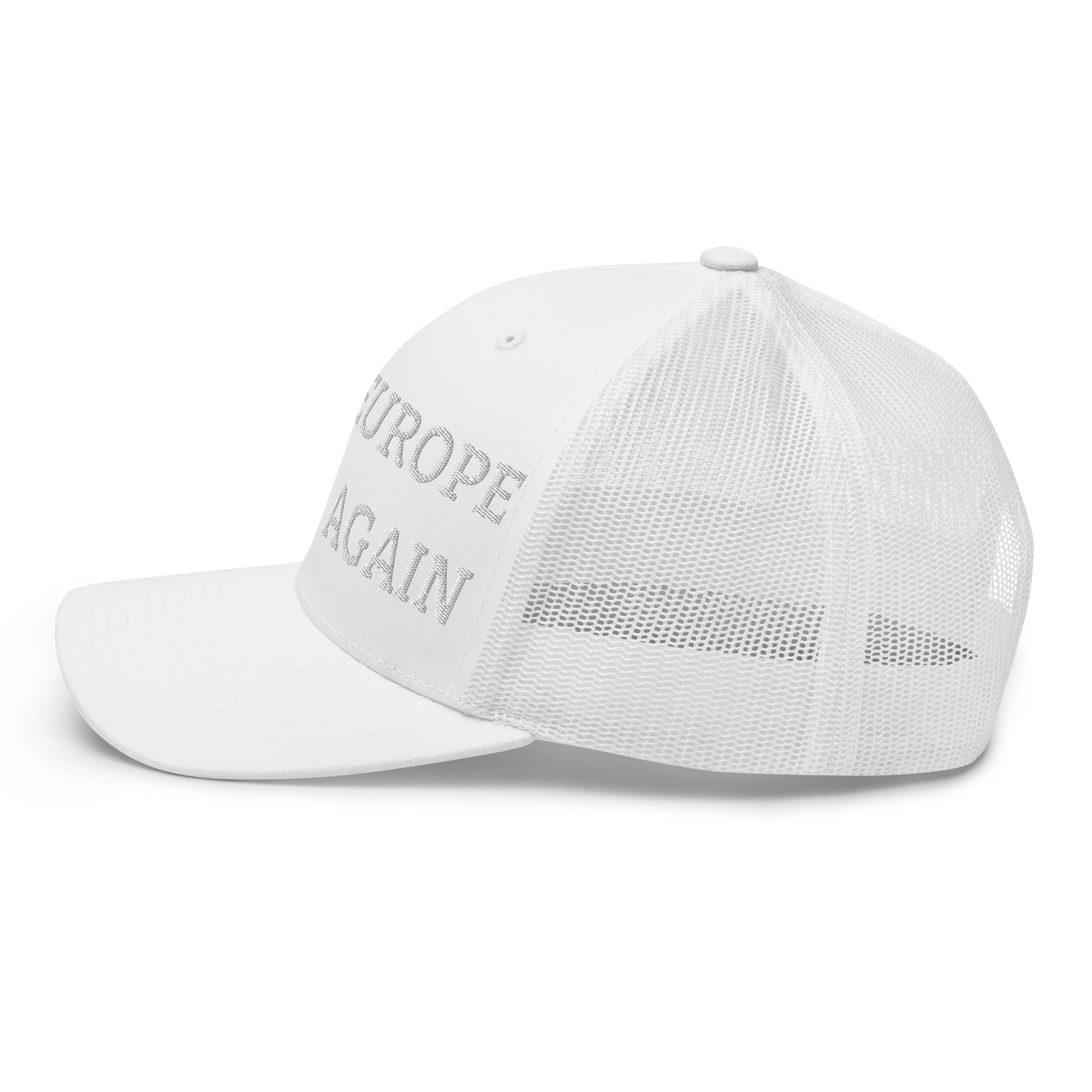Monochrome White "Make Europe Great Again" / MEGA Trucker Cap Left View
