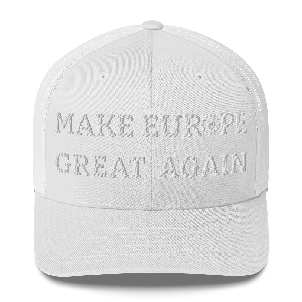 Monochrome White "Make Europe Great Again" / MEGA Trucker Cap with "Show the Love for EU" emblem Front View