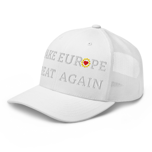 Monochrome White "Make Europe Great Again" / MEGA Trucker Cap with "Show the Love for EU" emblem in full color Left Front View