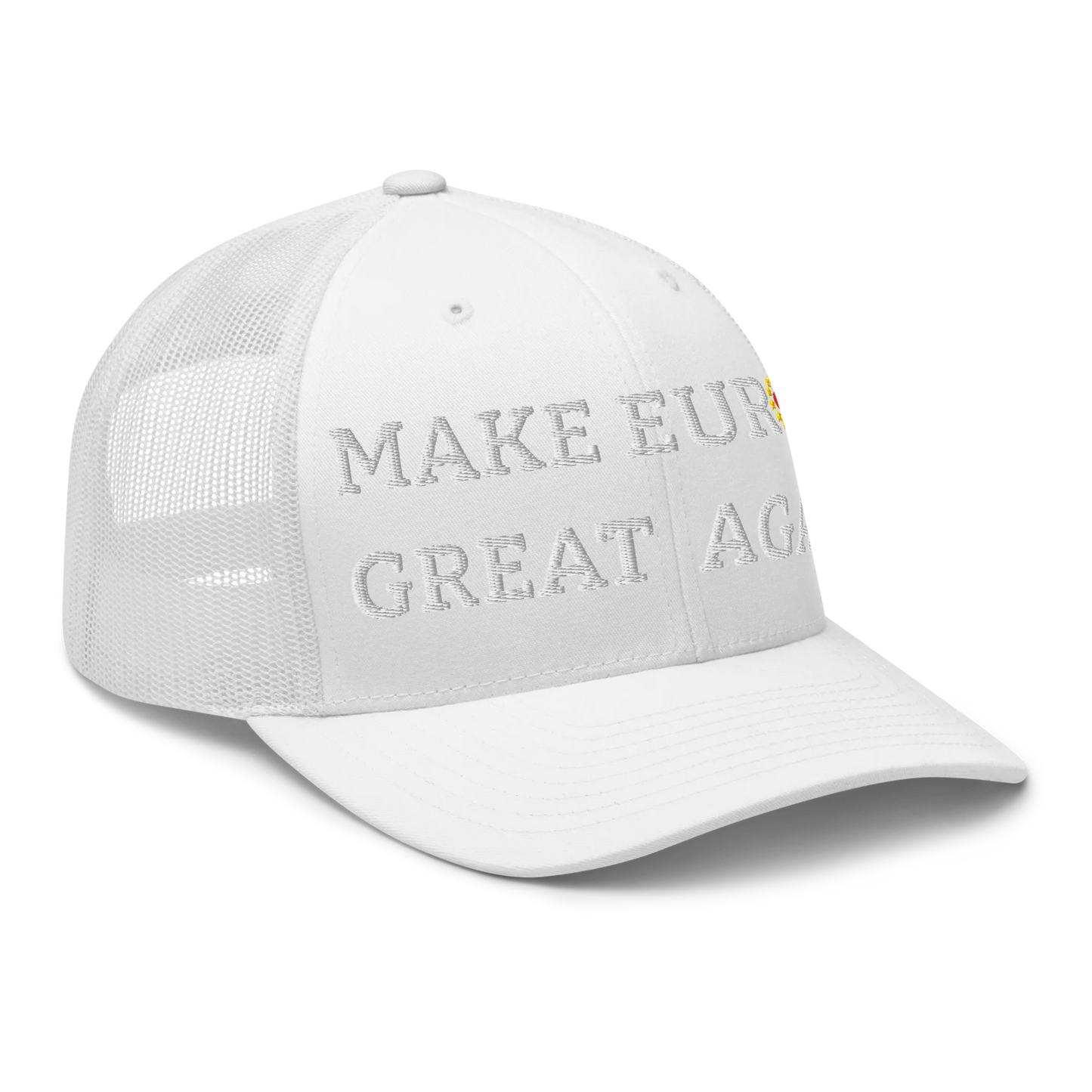 Monochrome White "Make Europe Great Again" / MEGA Trucker Cap with "Show the Love for EU" emblem in full color Right Front View