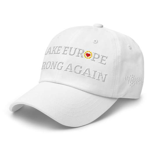 Monochrome White "Make Europe Strong Again" / MESA Cap with "Show the Love for Europe" emblem in full color Left Front View