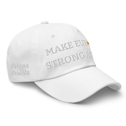 Monochrome White "Make Europe Strong Again" / MESA Cap with "Show the Love for Europe" emblem in full color Right Front View