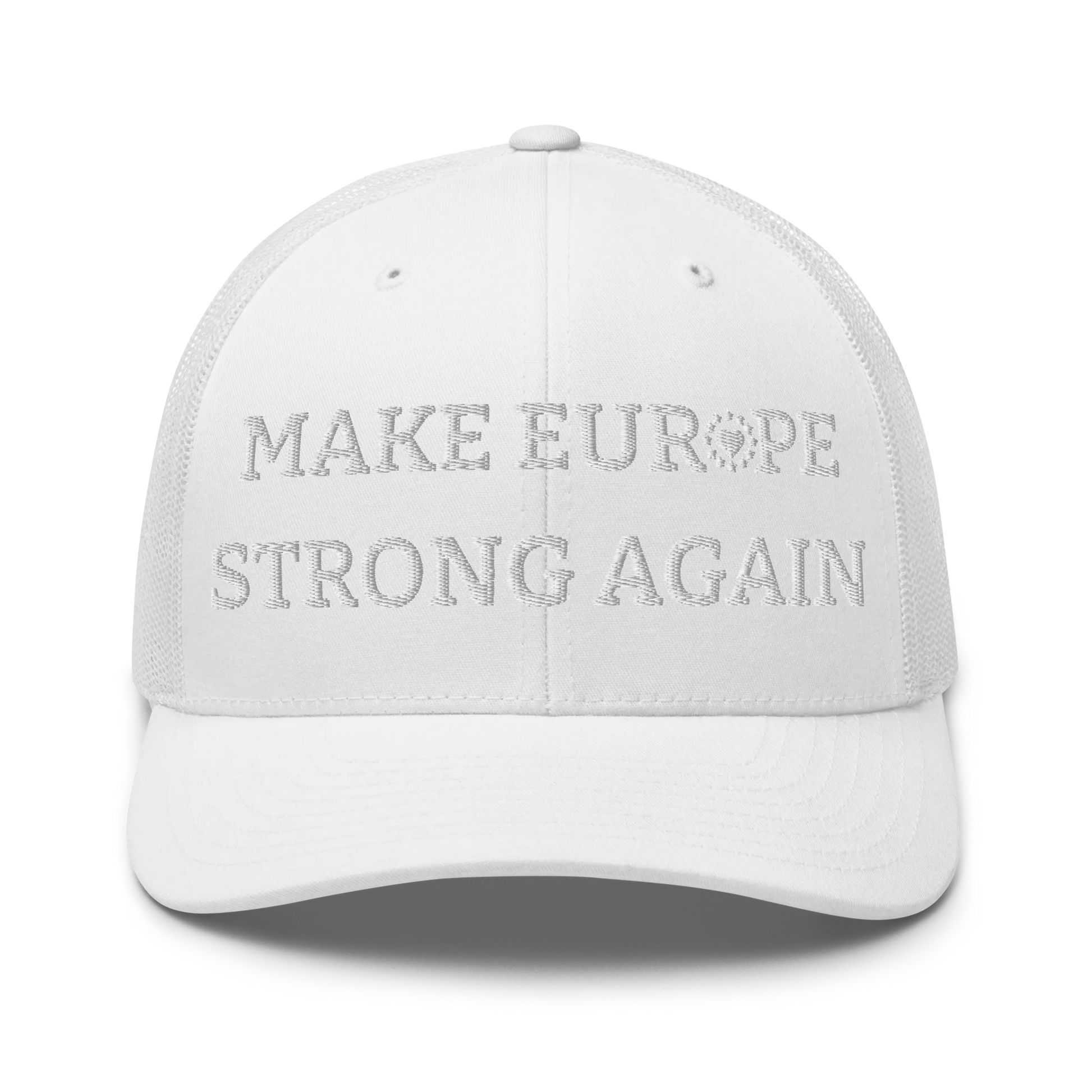 Monochrome White "Make Europe Strong Again" / MESA Trucker Cap with "Show the Love for Europe" emblem Front View