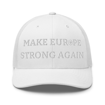 Monochrome White "Make Europe Strong Again" / MESA Trucker Cap with "Show the Love for Europe" emblem Front View