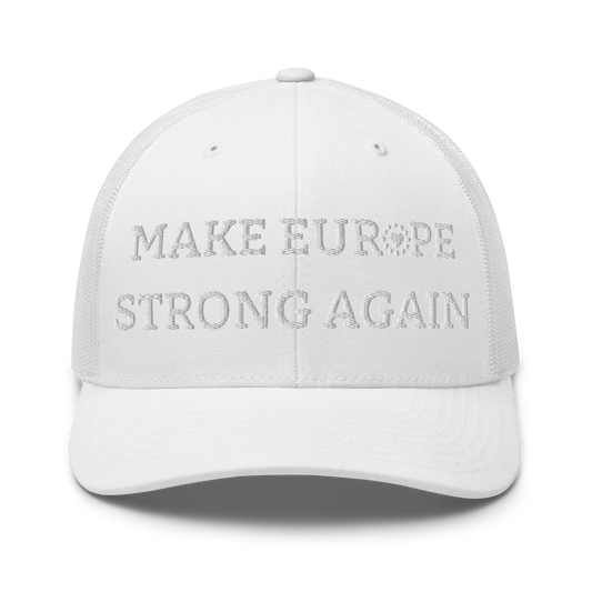 Monochrome White "Make Europe Strong Again" / MESA Trucker Cap with "Show the Love for Europe" emblem Front View