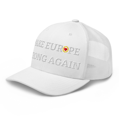 Monochrome White "Make Europe Strong Again" / MESA Trucker Cap with "Show the Love for Europe" emblem in full color Left Front View