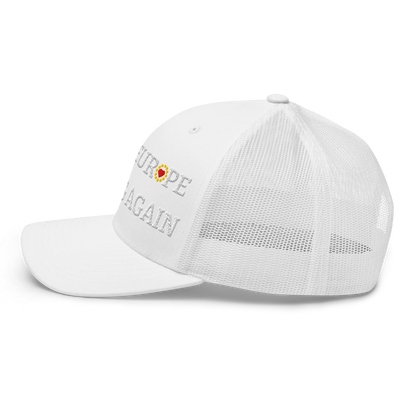 Monochrome White "Make Europe Strong Again" / MESA Trucker Cap with "Show the Love for Europe" emblem in full color Left View