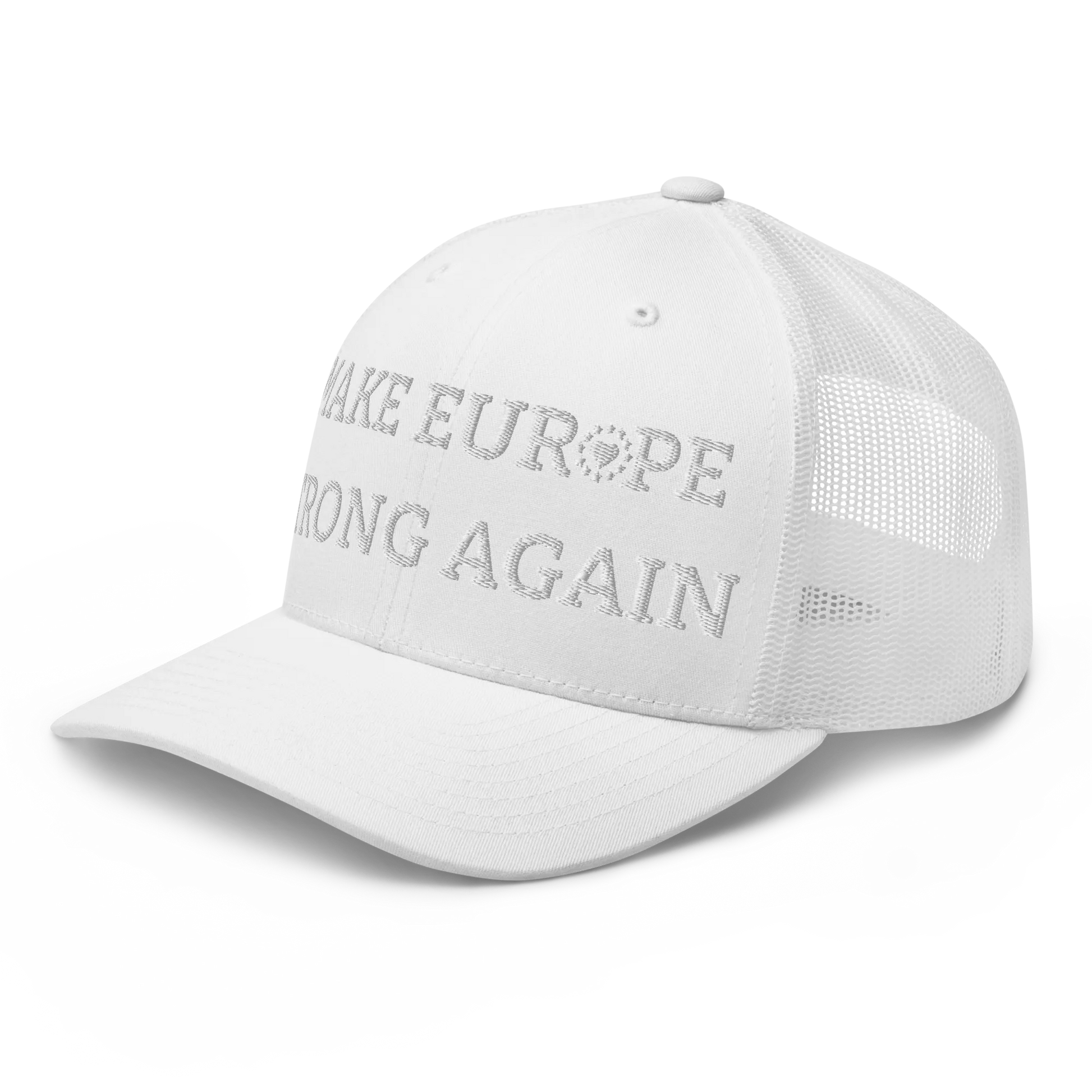 Monochrome White "Make Europe Strong Again" / MESA Trucker Cap with "Show the Love for Europe" emblem Left Front View
