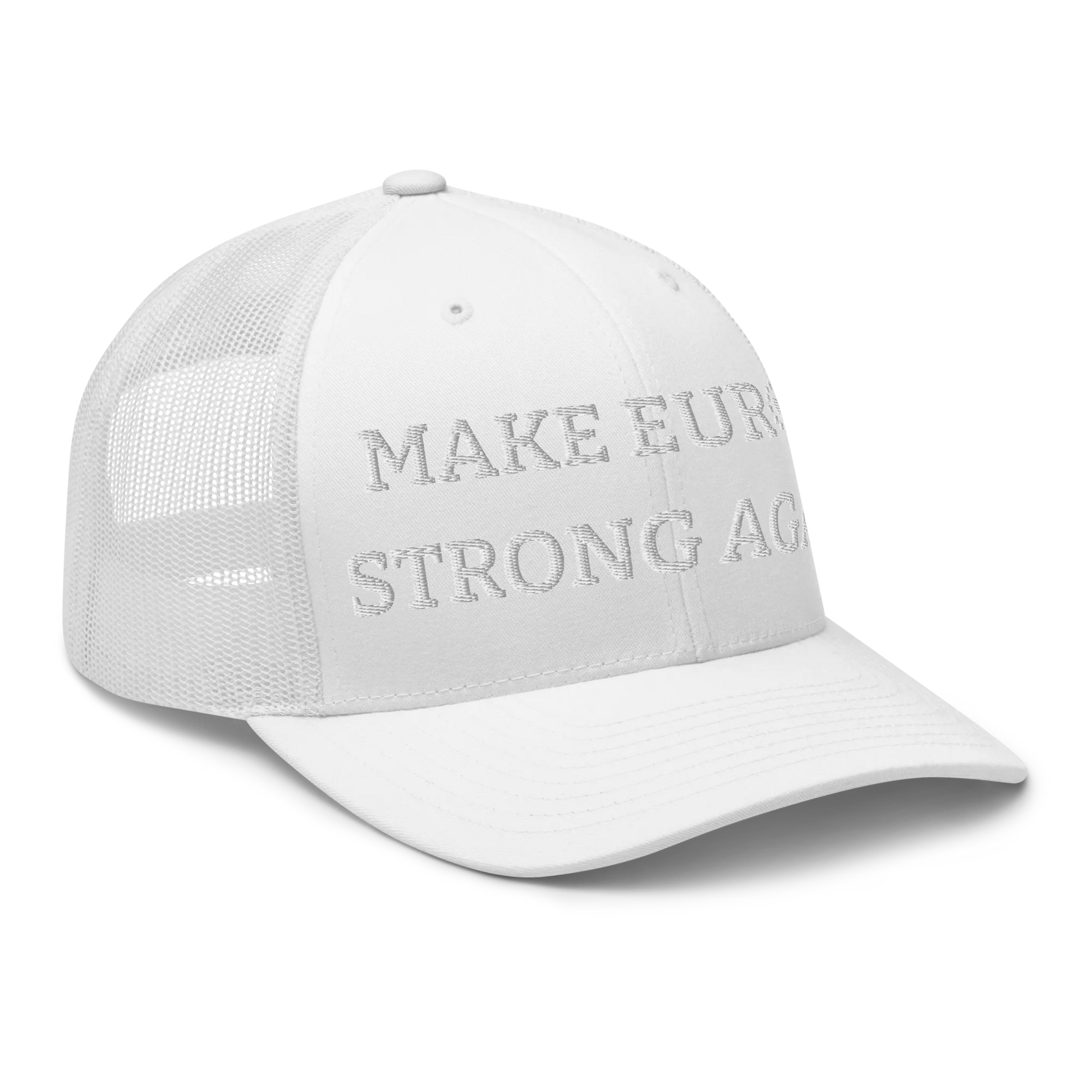 Monochrome White "Make Europe Strong Again" / MESA Trucker Cap with "Show the Love for Europe" emblem Right Front View